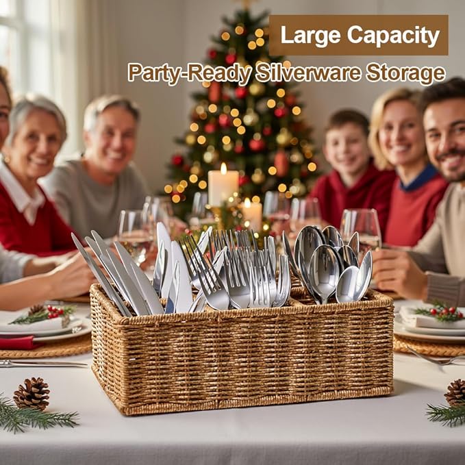 Wicker Silverware Caddy for Party, Woven Rattan Utensil Holder, Knife Fork Spoon Holder, Countertop Cutlery Storage Box, Cabinet Tabletop Silverware Organizer (Brown Gold)
