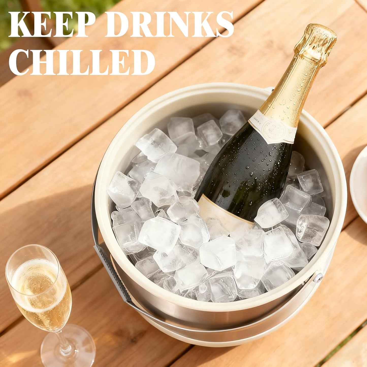 5Quart/4.8L Insulated Ice Bucket with Scoop & Lid, Double-Wall Ice Bucket,Large Party Bucket BPA Free for Cocktail Bar, Champagnes (White)