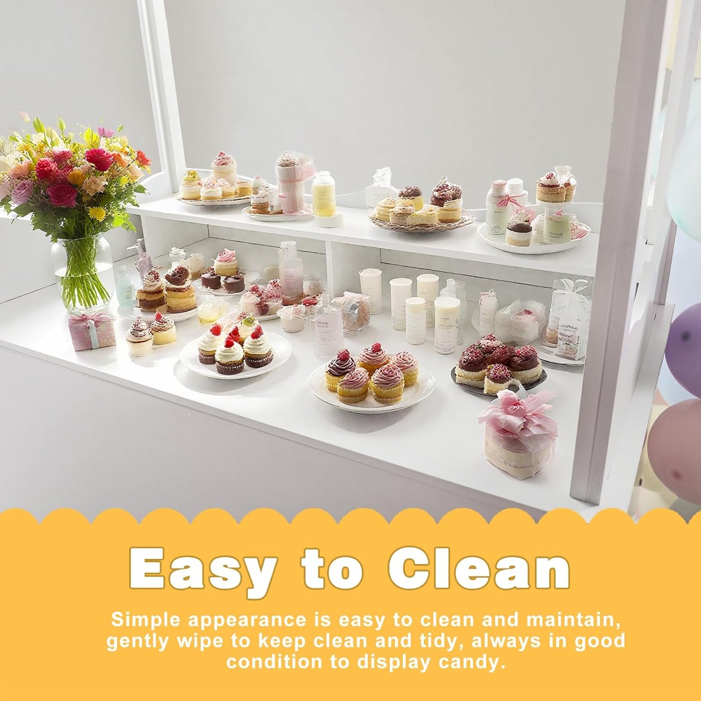 Candy Cart Display Stand for Party, Dessert Cake Cart Stand with Wheels, Vintage Dessert Display Stand Decoration Cart with 100 Balloons, String Light for Parties, Birthdays & Weddings (WHITE)