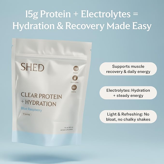 Clear Protein Powder with Electrolytes by Shed, 15g Whey Protein Isolate, Low Calorie and Lactose Free, Light and Clean Hydration Drink, Bloat-Free Post Workout Supplement, Blue Razz (15 Servings)