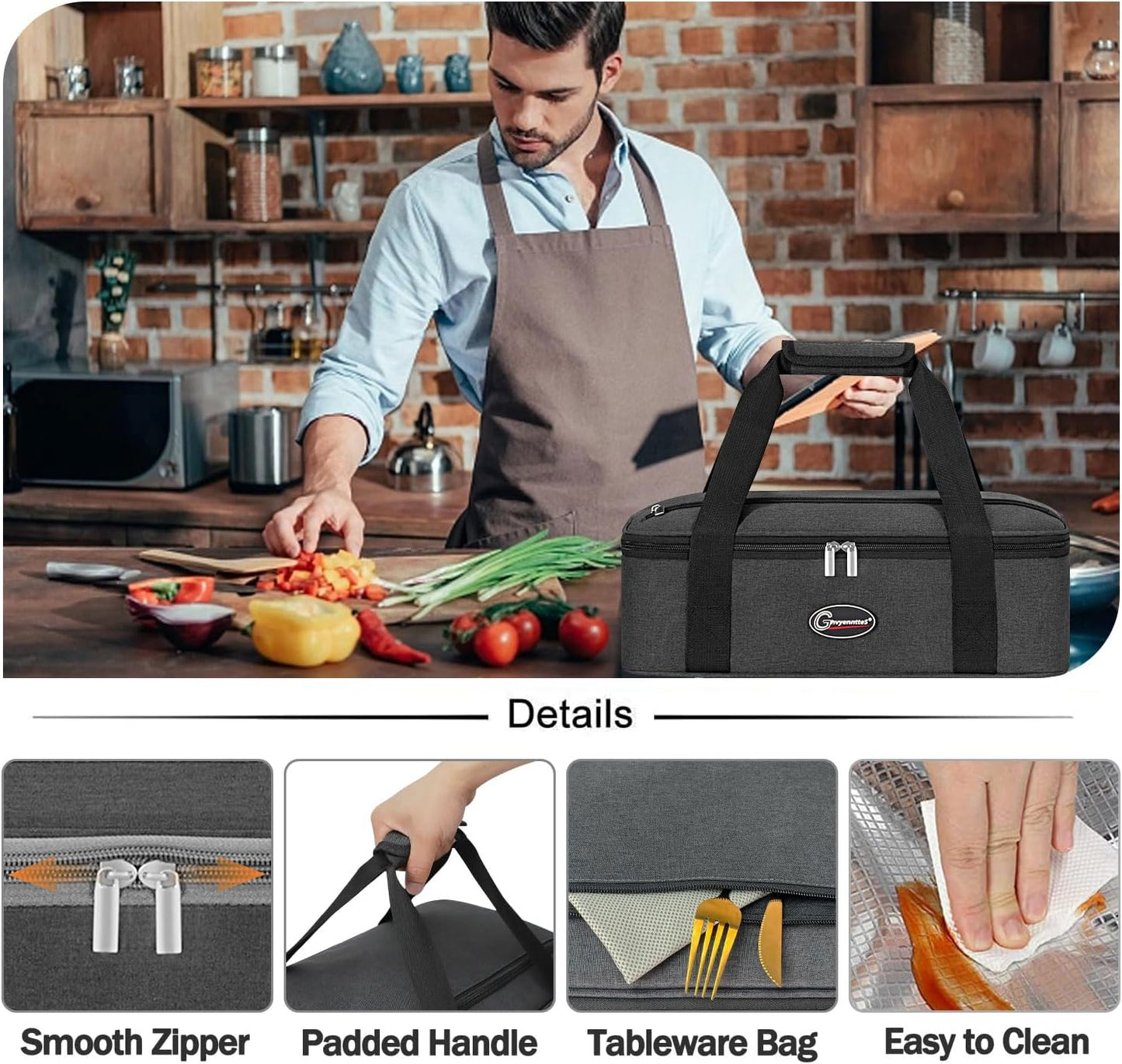 GhvyenntteS Insulated Casserole Carrier for Hot or Cold Food, Collapsible Insulated Food Carrier Lasagna Lugger Tote for Potluck Parties/Picnic/Travel, Fits 9"x13" Baking Dish, Grey