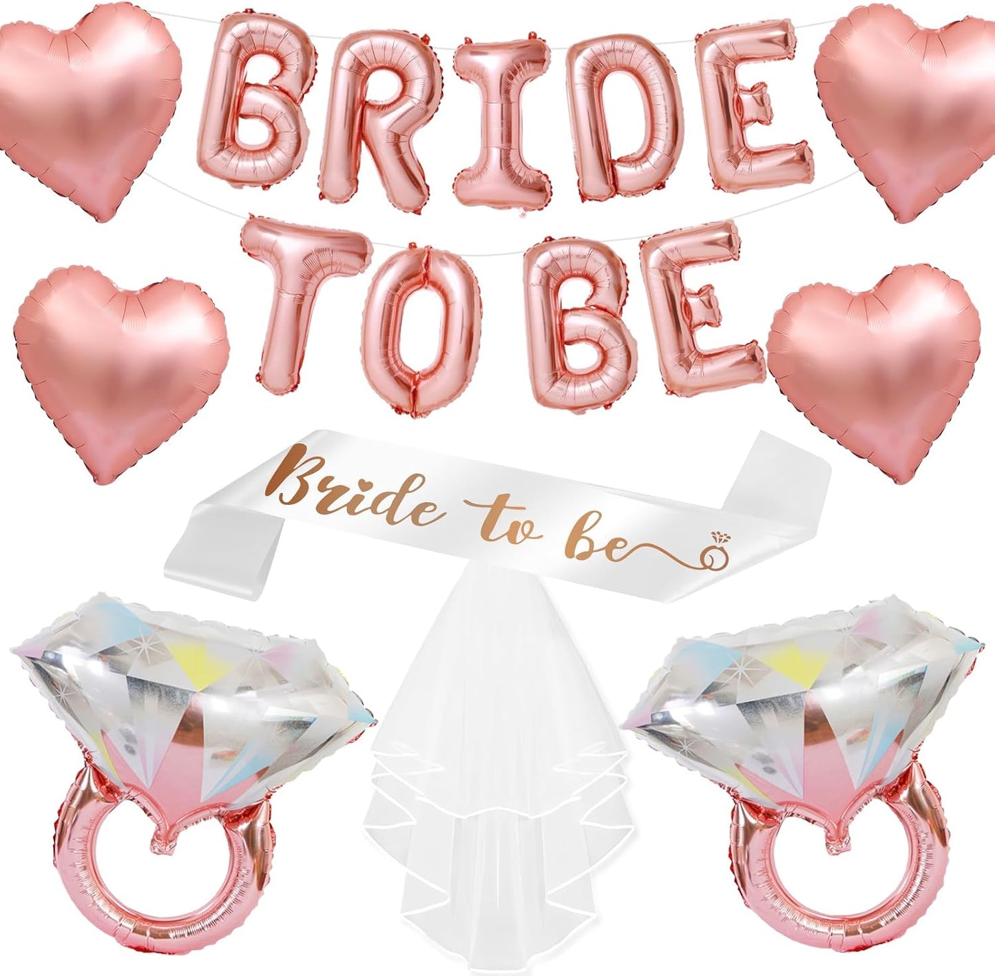 Rose Gold Bachelorette Party Decorations, Rose Gold Bride to Be Banner Heart Balloon with Diamond Ring Foil Balloon, Bride to Be Sash&Veil for Bachelorette Engagement Gift Bridal Shower Party Supplies