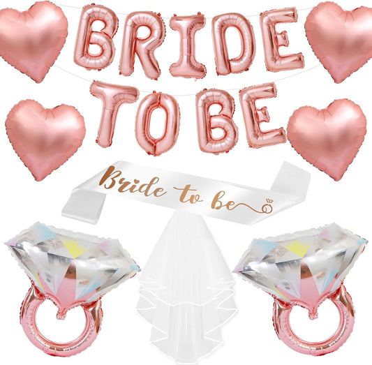 Rose Gold Bachelorette Party Decorations, Rose Gold Bride to Be Banner Heart Balloon with Diamond Ring Foil Balloon, Bride to Be Sash&Veil for Bachelorette Engagement Gift Bridal Shower Party Supplies
