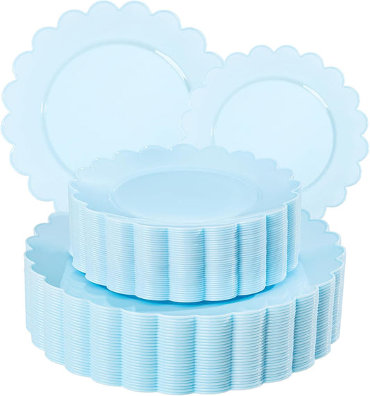 supernal 100pcs Blue Scalloped Plastic Plates-Blue Disposable Plates Heavy Duty-Disposable Plate Set for Party Wedding-Include 50 Plastic Dinner & Dessert Plate Perfect for Thanksgiving,Christmas