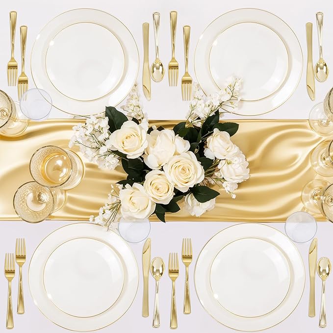Nervure 100Pcs Ivory and Gold Plastic Plates - 10.25inch Disposable Ivory Dinner Plates - Heavy Duty Plastic Plate Ideal for Wedding & Party (Pack of 2)