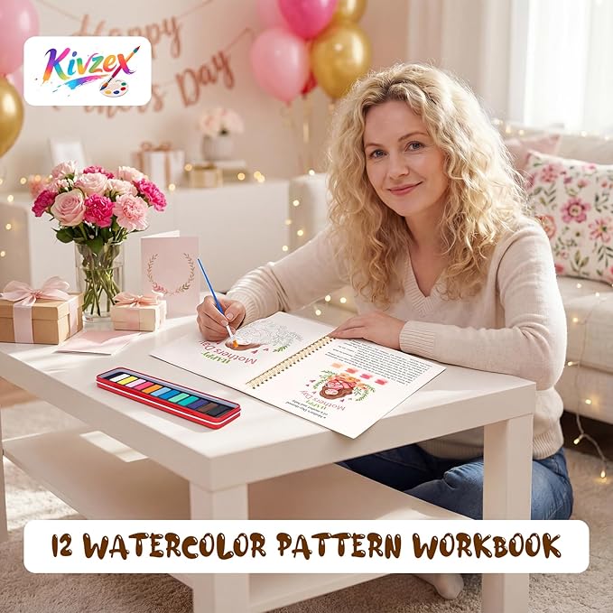 Kivzex Mother's Day Watercolor Workbook for Adults, Beginner Friendly Watercolor Painting Kit Water Coloring Book, Nature-Themed Practice Art Gift Water Color Paint Book with Palette and Brush