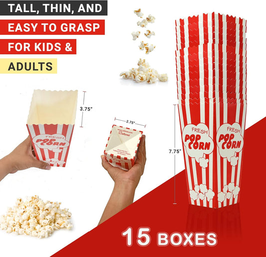 15 Movie Night Popcorn Paper Boxes Buckets 7.75 Inches Tall Large & Holds 46 Oz Old Fashion Vintage Retro Party Design Red & White Colored Nostalgic Carnival Stripes Bags & Tubs various qty avail