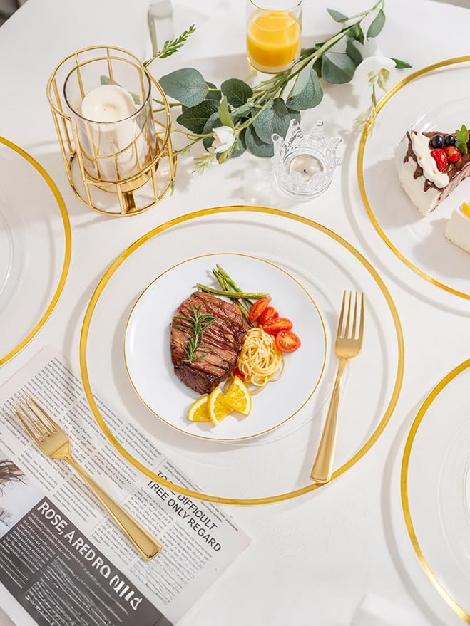 WDF 25Pack Gold Charger Plates - 12inch Clear Chargers with Gold Trim - Clear Plates Disposable for Wedding Baby Shower Spring Birthday
