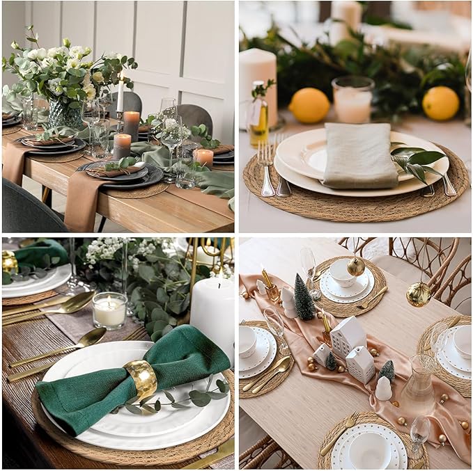 13.8 in Round Woven Placemats Plate Chargers Set of 6, Boho Farmhouse Rustic Woven Place Mats for Dining Table Decor, Rattan Wicker Table Mats Jute Braided Chargers for Dinner Plates