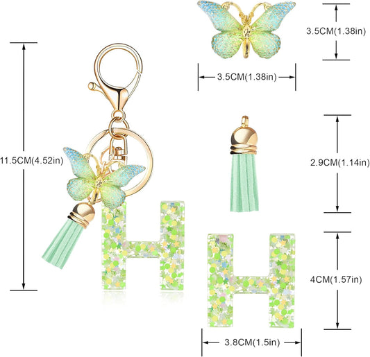 Fashion Alphabet Initial Letter Keychain Tassel Butterfly Pendant Key Ring for Purse Handbags Women Girl