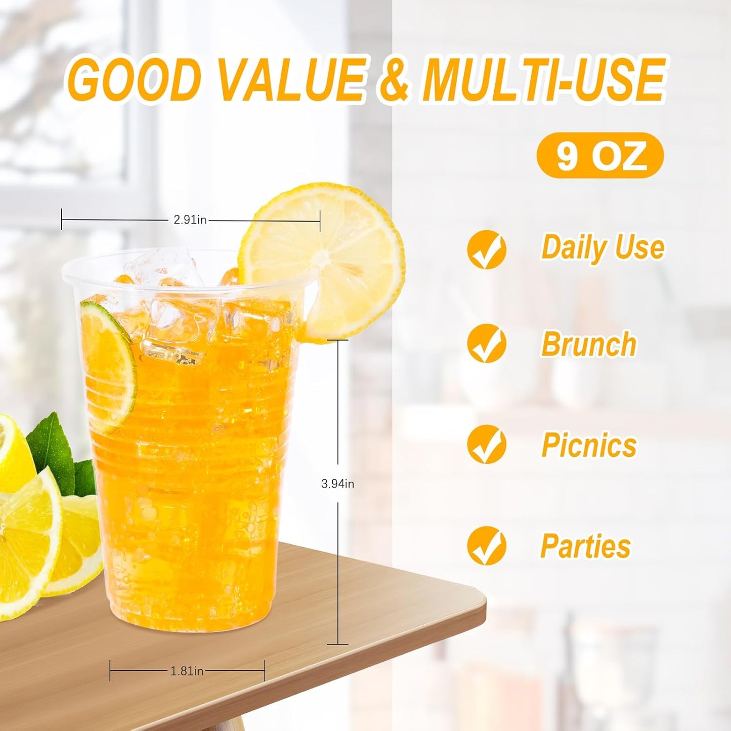 9 oz Clear Plastic Cups, 500 Count Bulk Disposable Tumbler with Heat Resistance, PP Clear Plastic Cups for Party, Cold Coffee, Soda, Juice (9oz 500count)