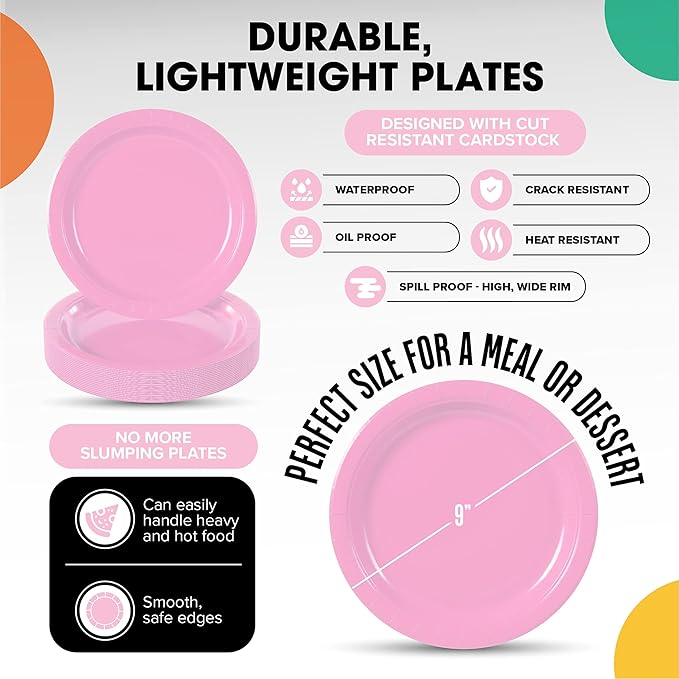 Exquisite Party Solids Pink Paper Plates Disposable Heavy Duty 9 Inch Pink Disposable Plates For Party 100 Pcs Heavy Duty 350 GSM, Birthday Supplies