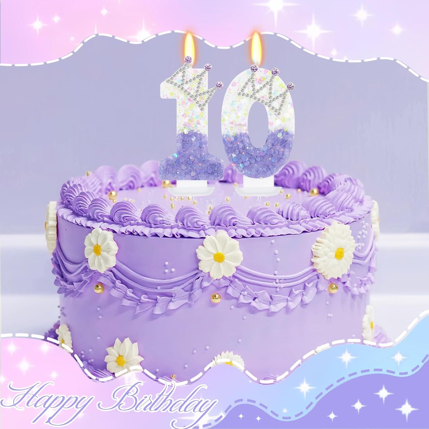 Purple White Number 10 Candle, Glitter Crown Cake Topper, Princess Birthday Party Decorations for Girls and Women Anniversary Celebrations Party Favors