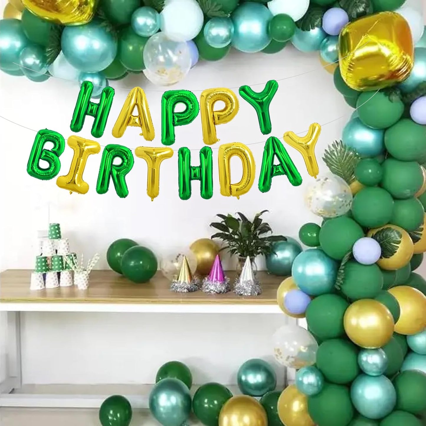 TONIFUL Happy Birthday Balloons Banner 16 Inch Mylar Foil Letters Birthday Sign Reusable for Girls Boys Kids & Adults Birthday Party Decorations Supplies（Green Gold）