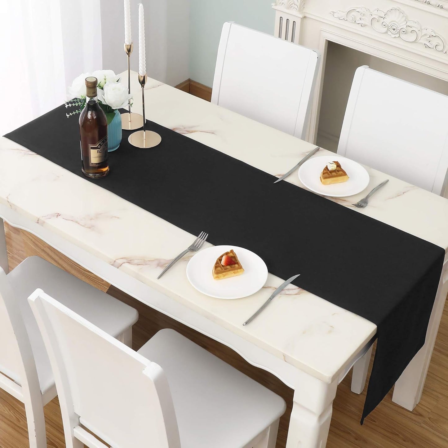 DUALIFE Jet Black Table Runner 14x108 inch Solid Color Thick Polyester Decorative Cloth Handcrafted for Wedding Party Birthday Graduations Banquet,Restaurant & Outdoors 2 Pieces