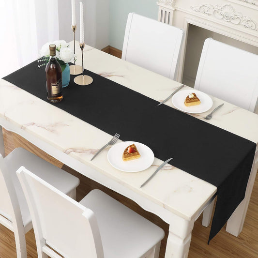 DUALIFE Jet Black Table Runner 14x108 inch Solid Color Thick Polyester Decorative Cloth Handcrafted for Wedding Party Birthday Graduations Banquet,Restaurant & Outdoors 2 Pieces