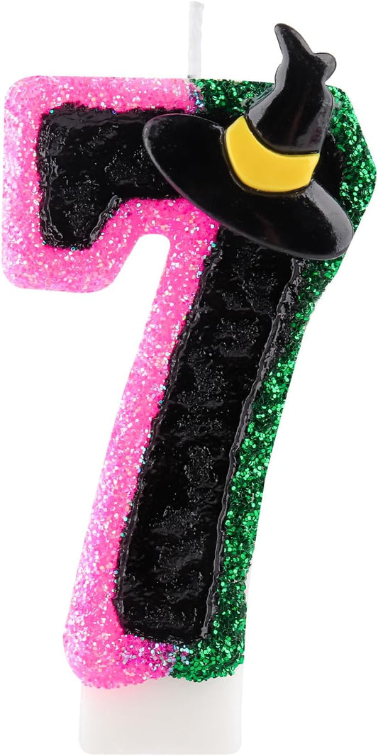 Pink Green Birthday Number 7 Candles for Cake, Pink Green Black Party Decorations, Witch Birthday Decorations for Girls