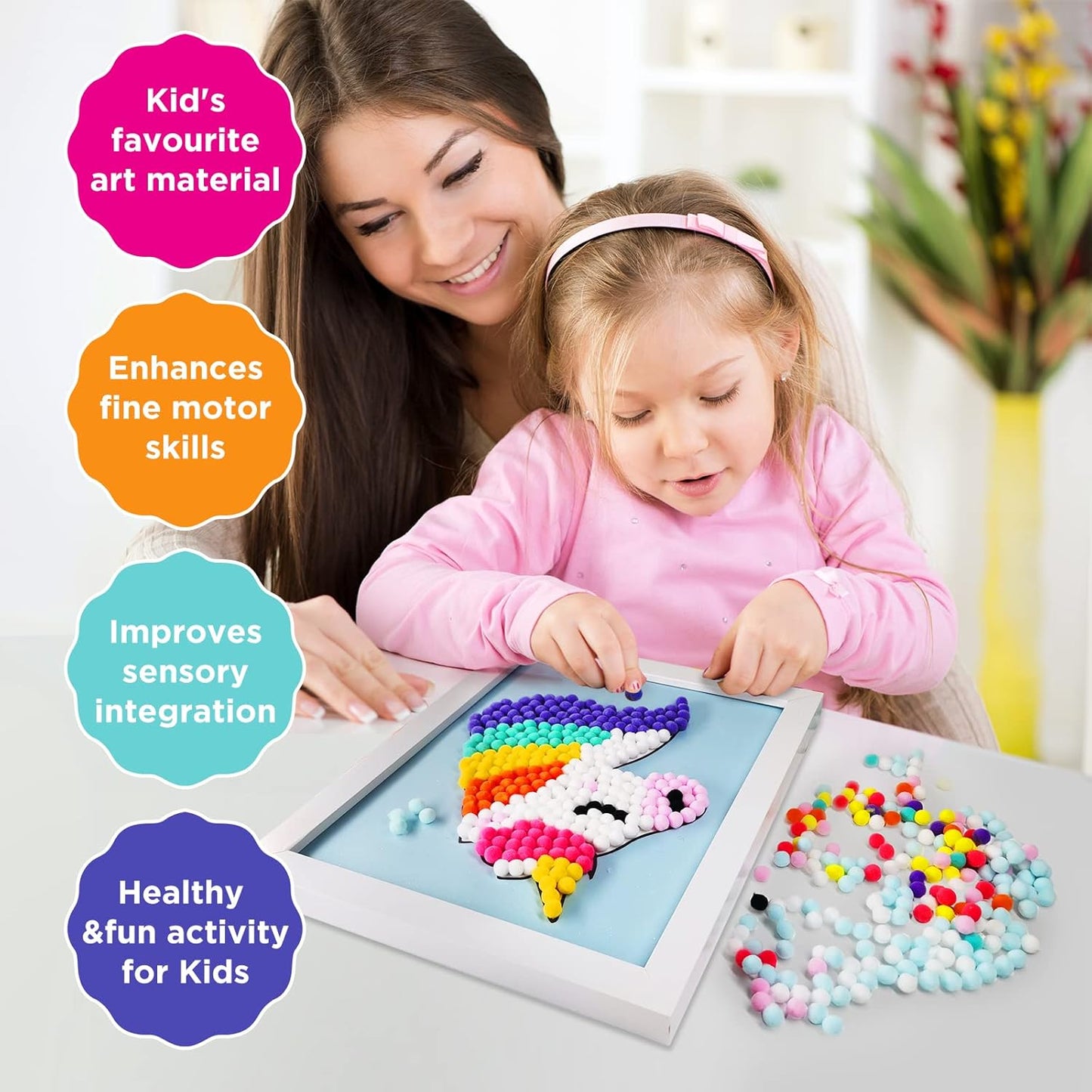 Funto Unicorn Pom Pom Painting Art Kit, 1100+ Pom Poms, Canvas and Sturdy Frame for Home Decor, Artistic Kid Crafts, Kids Painting Kit