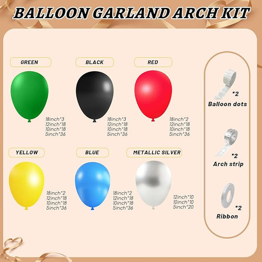 412Pcs Red Blue Yellow Green Black Balloon Arch Garland Kit, 18 12 10 5 Inch Different Size Latex Balloons for Birthday, Video Game Themed Party