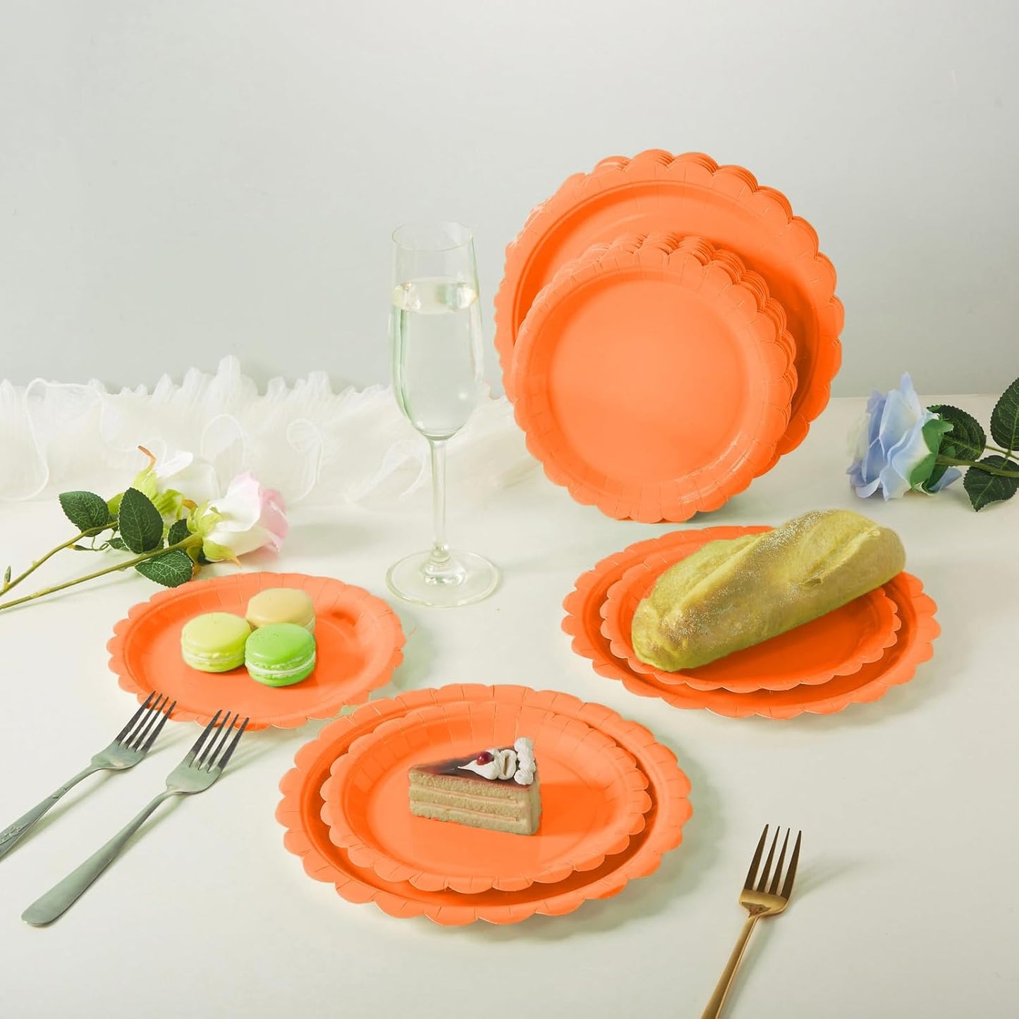 BEFORYOU 50PCS Scalloped Disposable Paper Plates Dessert Cake Party Plates for Baby Shower, Wedding,Bridal Shower Birthday Party Supplies (Orange, 7IN and 9IN)