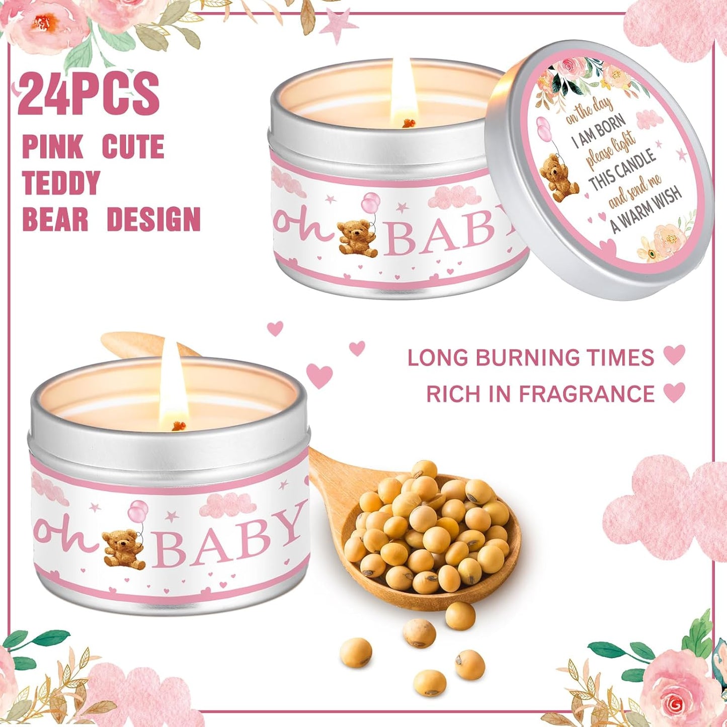 MTLEE 24 Pcs Bear Baby Shower Party Favors Candles Lavender Scented Baby Shower Favors for Guests Rustic Tealights Candles Gender Reveal Return Gifts Girl Boy(1.2 Oz, Pink)