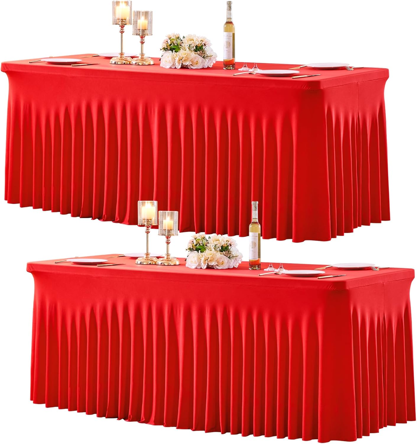 2 Pack 8ft Red Spandex Table Cloths for Rectangle Tables Wrinkle Free Red Tablecloths Rectangle Stretch Fitted 6 Foot Table Cover with Skirt for Birthday Party Baby Shower Wedding Banquet Buffet