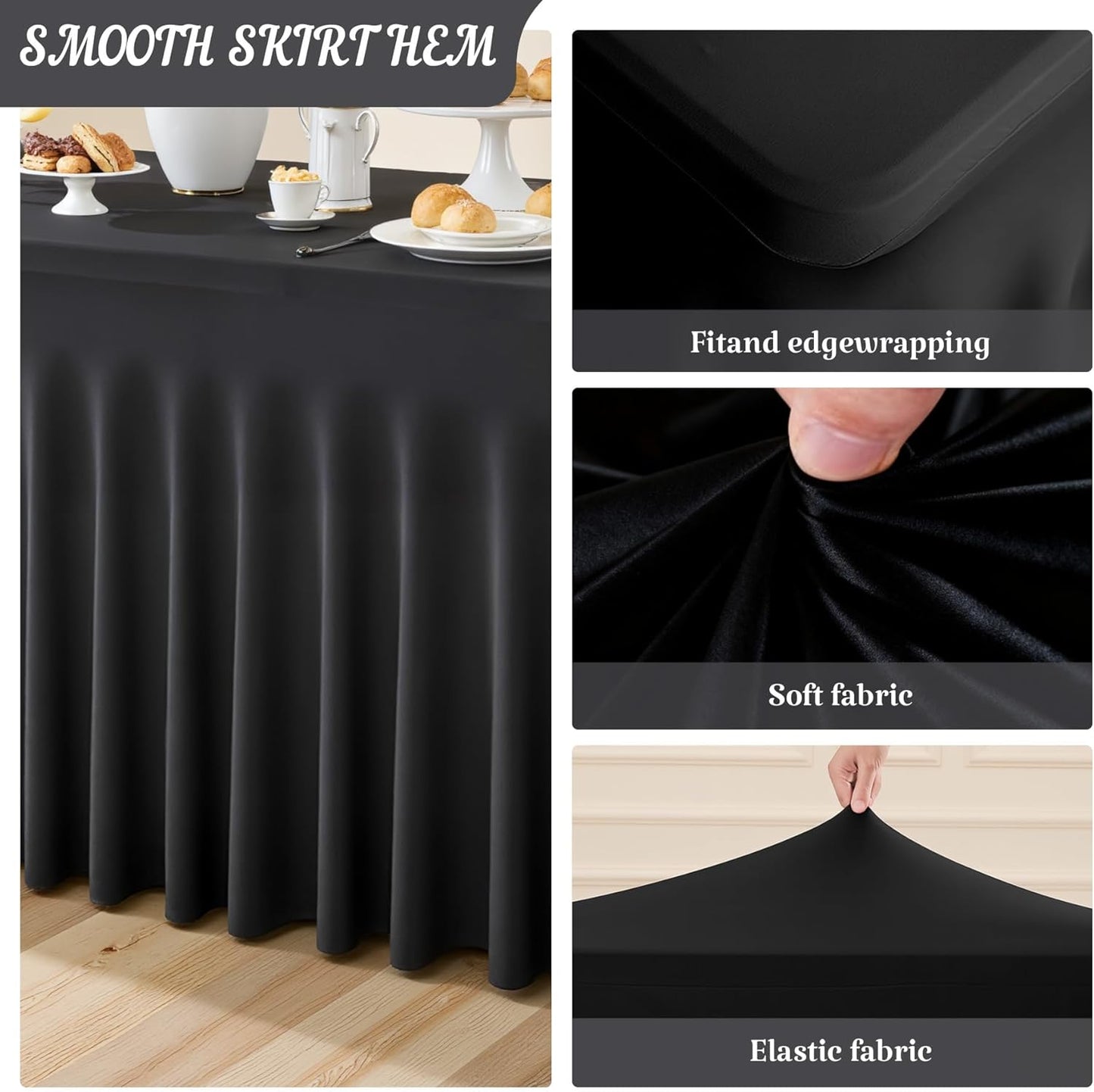 Besutolife Black Spandex Tablecloth with Skirt for 6ft Rectangle Tables - Wrinkle-Resistant, Stretchable, Machine Washable - Perfect for Weddings Banquets Birthday Parties Events
