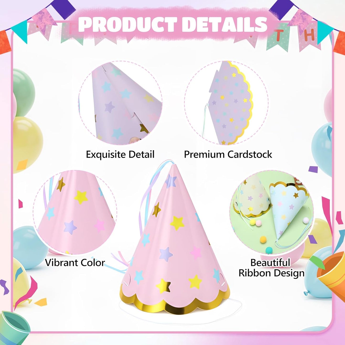 24 Pcs Pastel Party Hats Paper Cone Birthday Hats with Hot Stamping Pentagram and Ribbon Mini Party Headwear for Birthday, Baby Shower, Bridal Shower Decorations