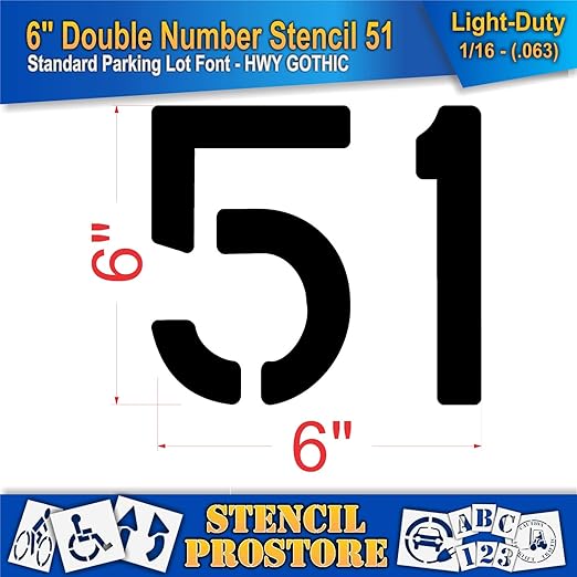 Pavement, Curb, and WheelStop Stencils - 6 inch Double Number Stencil - (51) - 6" x 6" x 1/16" (63 mil) - Light-Duty