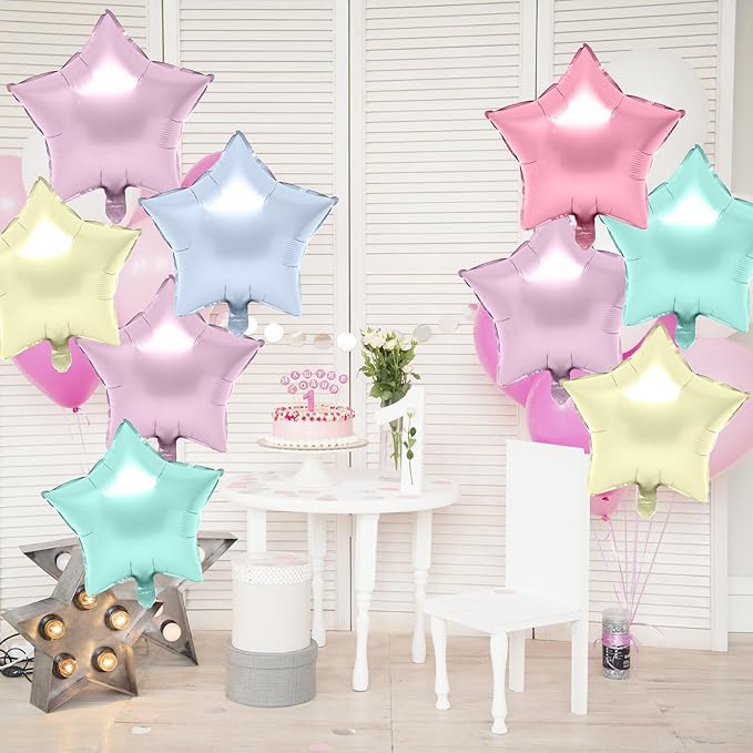 Biapian Pastel Star Foil Balloons, 10PCS Macaron Foil Stars Shape Balloon, 18 Inch Multicolor Stars Balloons for Helium Pentagram Balloon for Girls Boys Birthday, Baby Shower Wedding Party Decoration