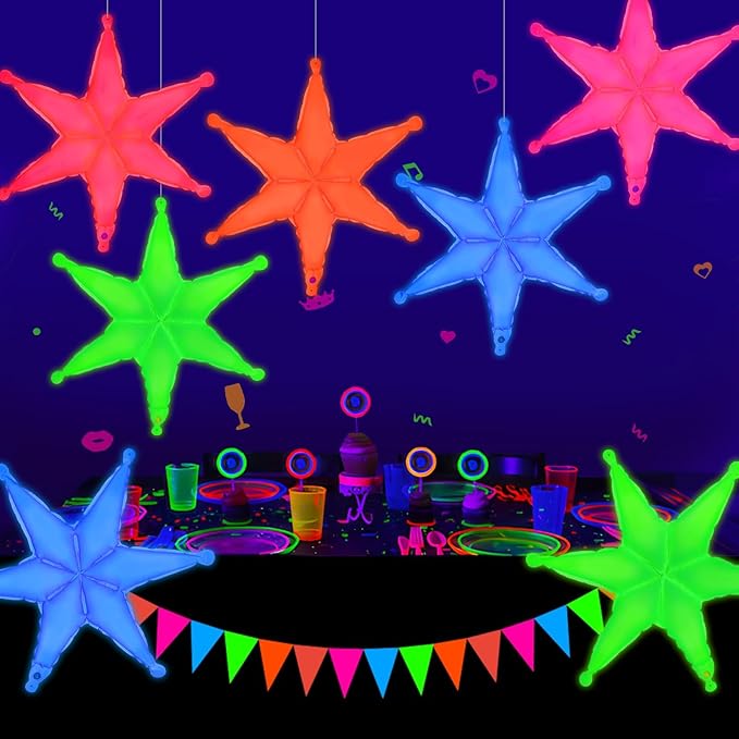 Mega-L Glow in the Dark Party Supplies, 5 Pcs Neon Hexagram Balloons Set – Fluorescent Red, Lemon Yellow, Fuchsia, Blue and Orange Balloons Perfect for Birthday, Wedding, Anniversary, Graduation Party