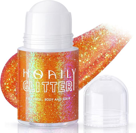 HOSAILY Roll-on Orange Body Glitter Gel for Face Hair, Holographic Chameleon Color Changing Face Paint Glitter Autumn Makeup, Chunky Mermaid Sequins Festival Party Rave Accessories Shimmer Makeup