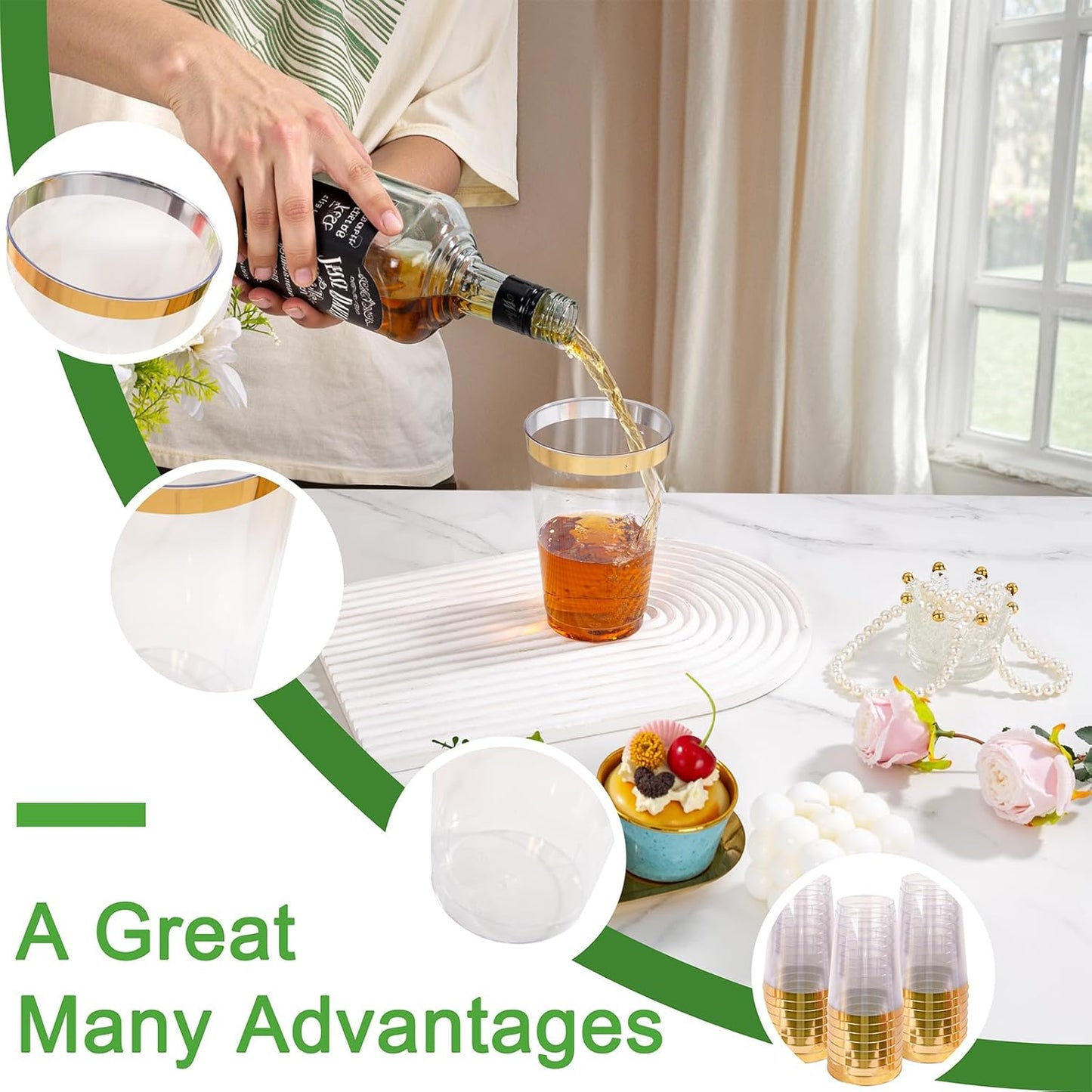 I00000 50 Pack 20 oz Gold Plastic Cups, Elegant Gold Rimmed Plastic Cups, Disposable Cocktail Glasses Wine Glasses, 20 oz Premium Tumblers Perfect for Birthday, Party & Wedding