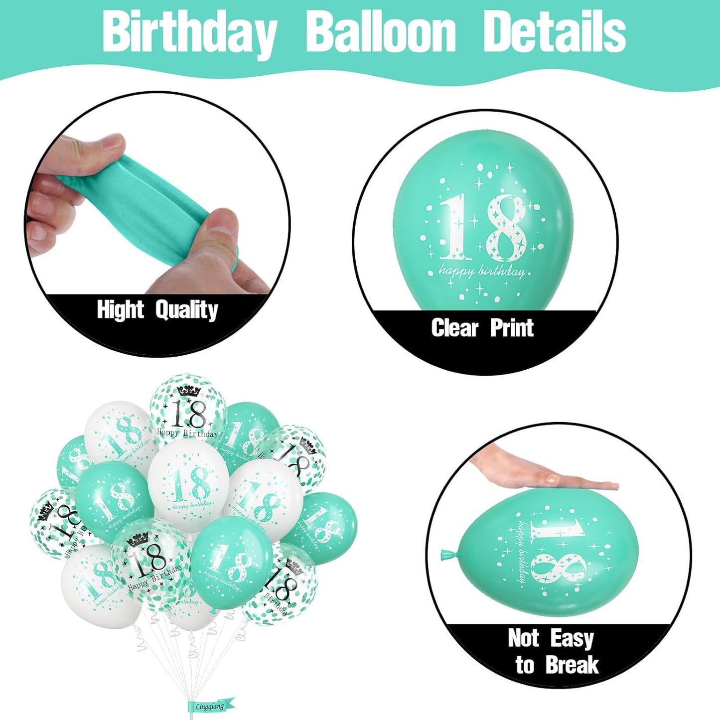 Happy 18th Birthday Decorations for Boys, Turquoise White Confetti 18th Birthday Latex Balloons for Girls, 15 Pieces Teal White 18th Party Decorations for Age 18 Years Old Birthday Decor Supplies