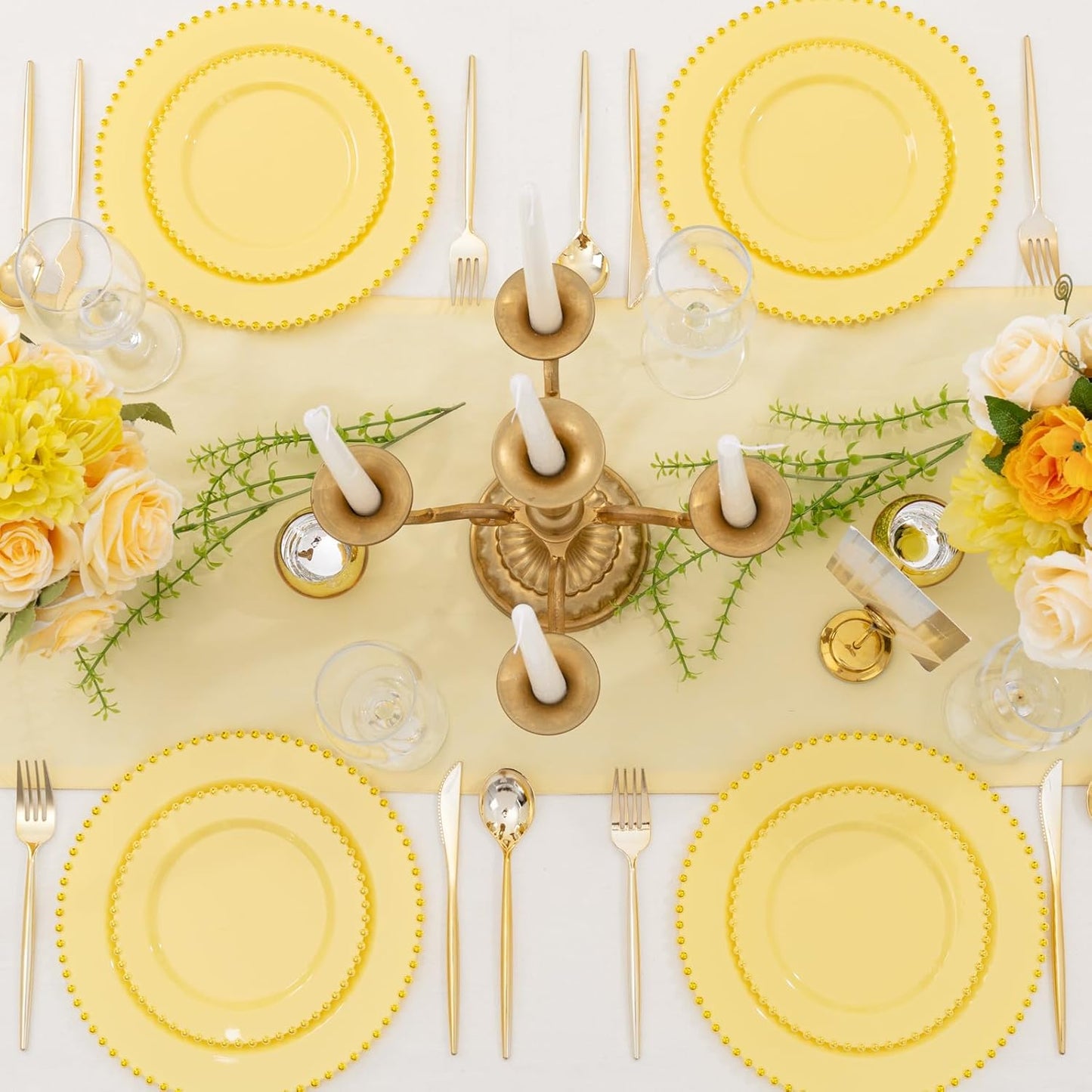 Supernal 100pcs Yellow Plastic Plates,Heavy Duty Plastic Plates,Yellow Party Decorations with Gold Beaded Including 50 Dinner Plate and 50 Disposable Dessert Plate,Pretty Disposable Platos for Wedding