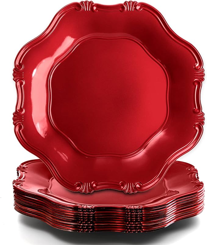 ZOOFOX Set of 12 Red Charger Plates, 13" Metallic Scalloped Charger for Dinner Plate, Decorative Service Plates for Christmas Tabletop Holiday Wedding Catering Event Decor