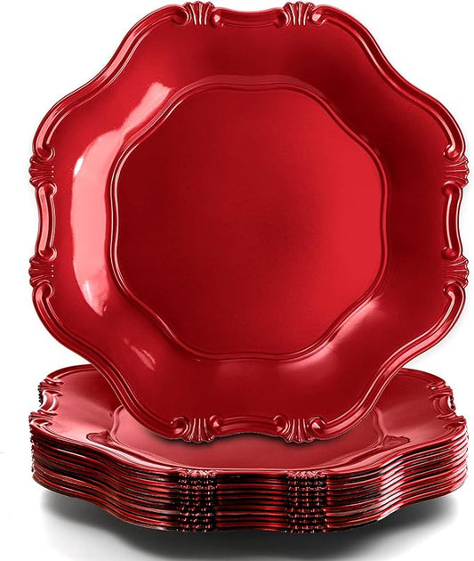 ZOOFOX Set of 12 Red Charger Plates, 13" Metallic Scalloped Charger for Dinner Plate, Decorative Service Plates for Christmas Tabletop Holiday Wedding Catering Event Decor