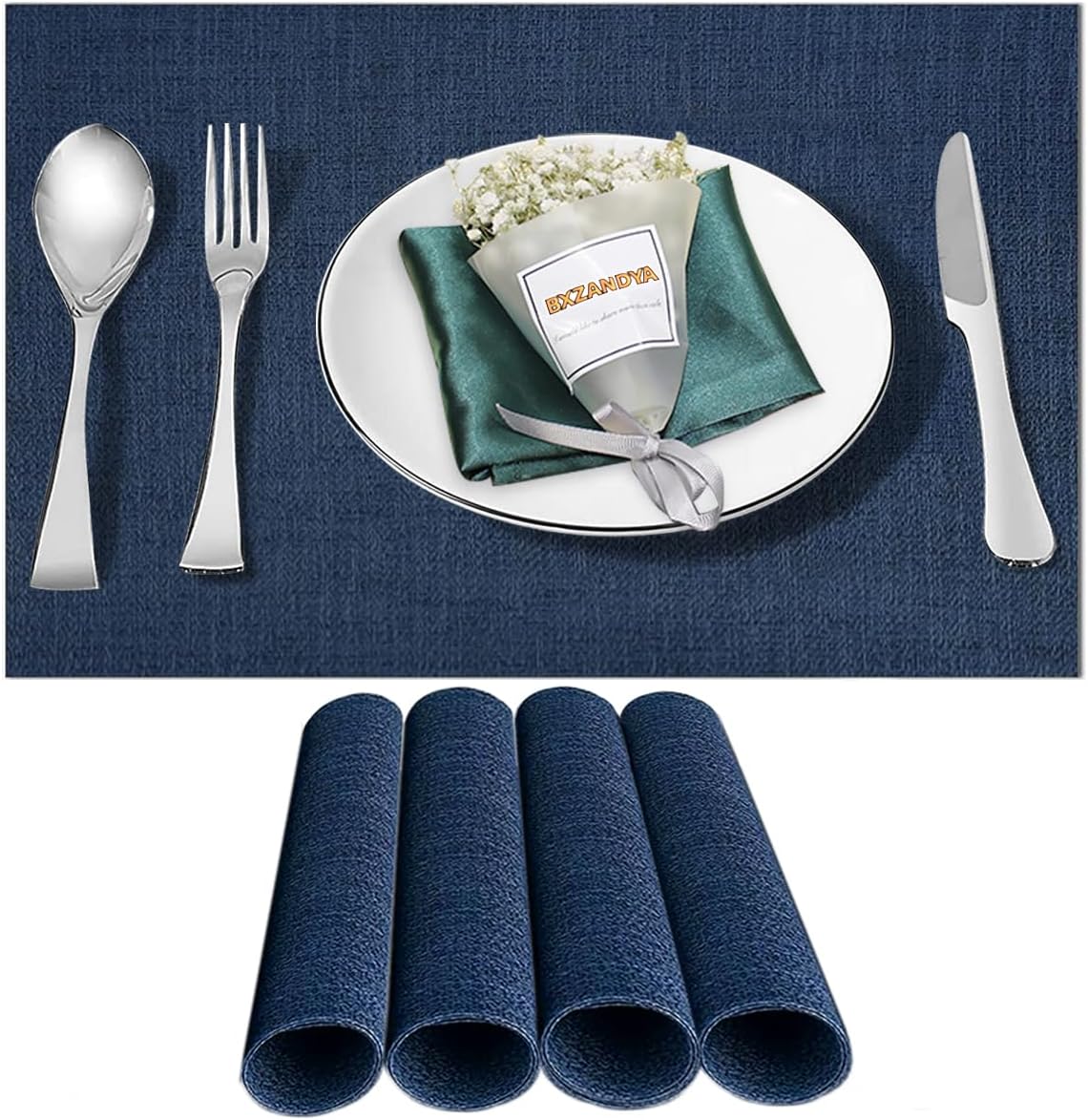 Placemats Set of 4,Washable,Heat and Stain Resistant Indoor/Outdoor Place mats,Vinyl Woven Non Slip Table Mats for Restaurant Table Protection,PVC Placemats(Navy Blue,4PCS)