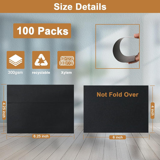 100 Packs Black Blank Greeting Cards with Envelopes 4 x 6 Heavyweight Single Panel Cardstock and A4 Envelopes Printable Self Seal for Graduations, Wedding Invitations, Thanksgiving Cards