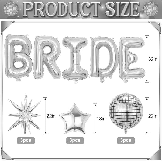 Silver Bride Balloons Bachelorette Party Decorations, 32in Silver Giant Bride Balloons with 4D Disco Ball Balloon and Star Foil Balloon for Bridal Shower Wedding Engagement Party Supplies