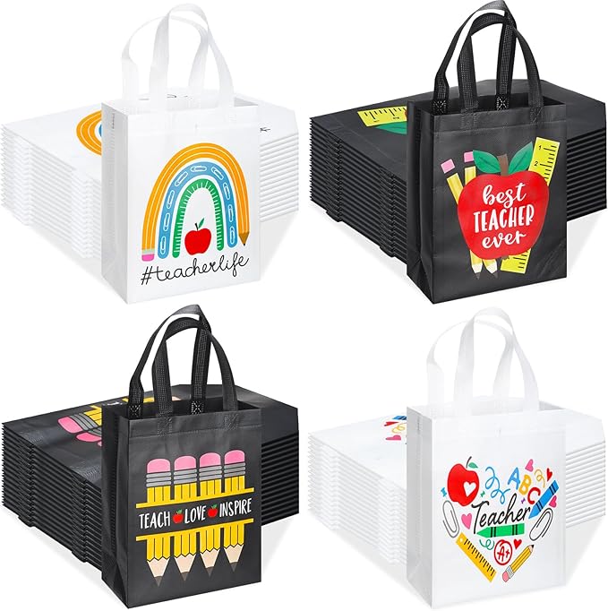 Wesnoy 100 Pcs Teacher Appreciation Gift Bags Bulk Thank You Teachers Reusable Non Woven Treat Goodie Tote Bags with Handles Gifts Wrap for School Office Graduation Retirement Party Supplies