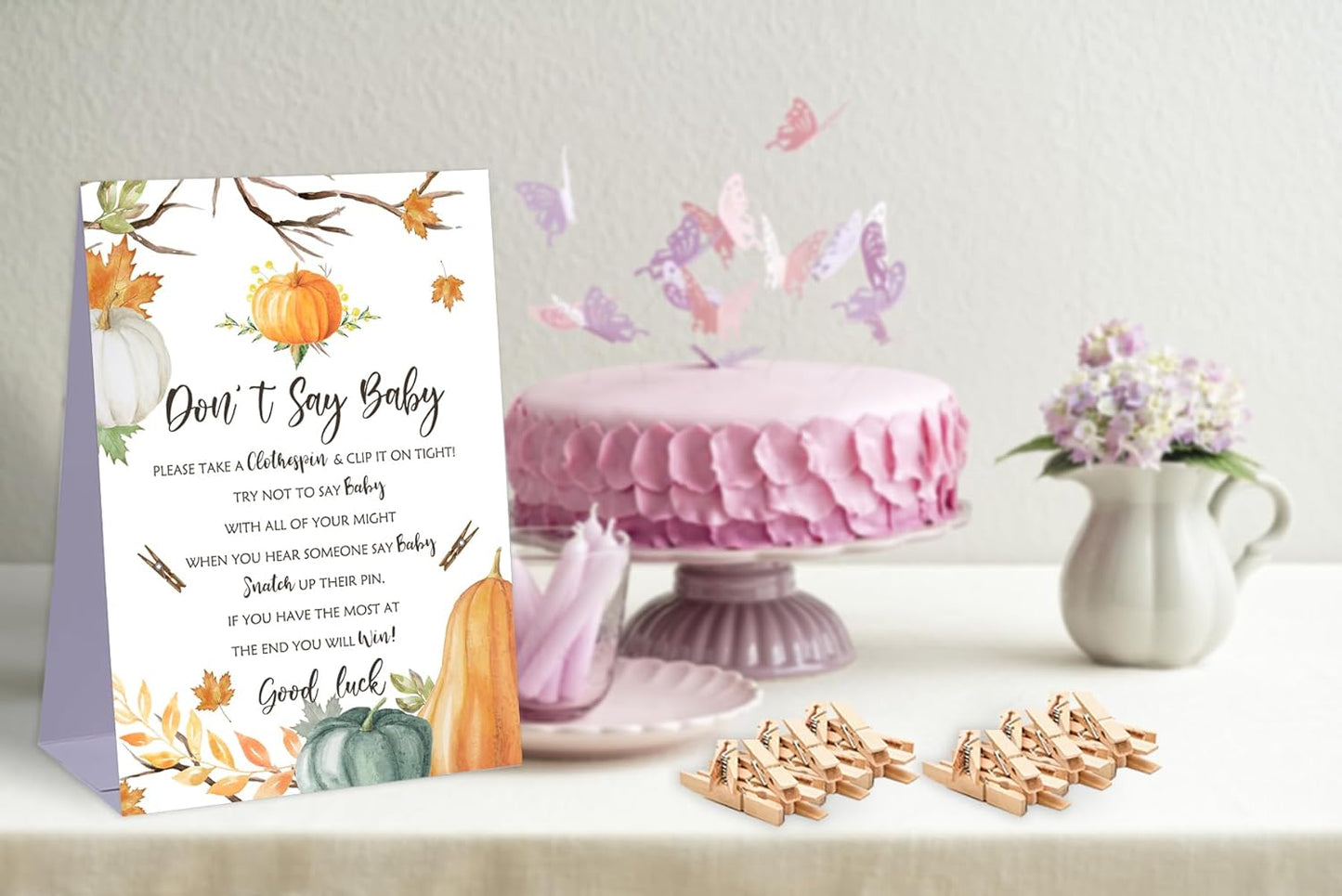 Don't Say Baby Baby Shower Game,Boho Pumpkin Baby Shower Decorations,Rustic Baby Shower Decorations,Neutral Baby Shower Decorations,Baby Shower Game Ideas,1 Sign & 50 Mini Clothespins Set-B22