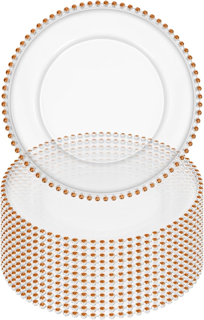 12 Pack Clear Charger Plates Bulk Wedding, 13 Inch Plastic Round Dinner Chargers with Orange Beaded Rim, Acrylic Round Decorative Plates for Wedding Party Home and Tabletop Decor (Orange)
