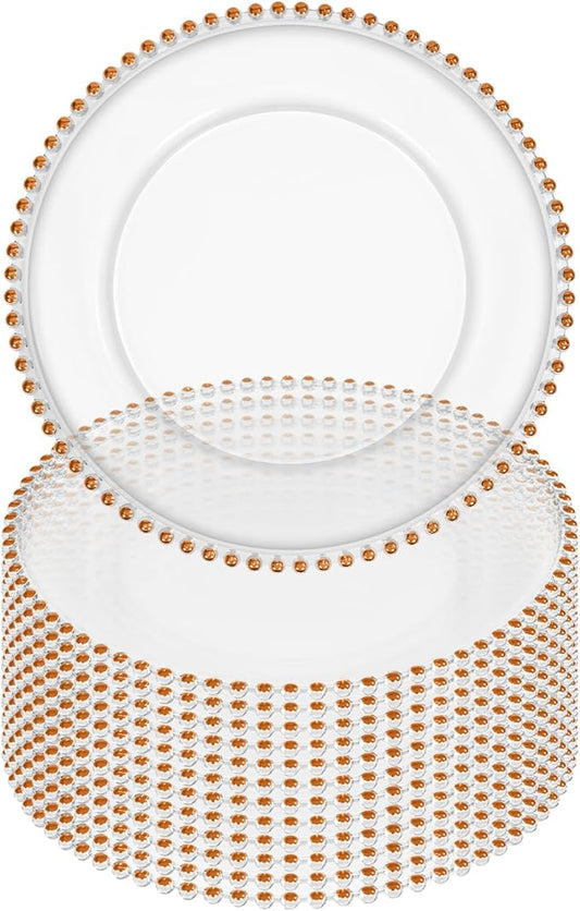 12 Pack Clear Charger Plates Bulk Wedding, 13 Inch Plastic Round Dinner Chargers with Orange Beaded Rim, Acrylic Round Decorative Plates for Wedding Party Home and Tabletop Decor (Orange)