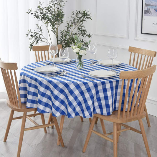 maxmill Round Checkered Tablecloth Spillproof Wrinkle Free Heavy Weight Gingham Table Cloth for Circular Table Cover Buffalo Plaid for Buffet Banquet Parties Holiday Dinner 70 Inch Blue and White