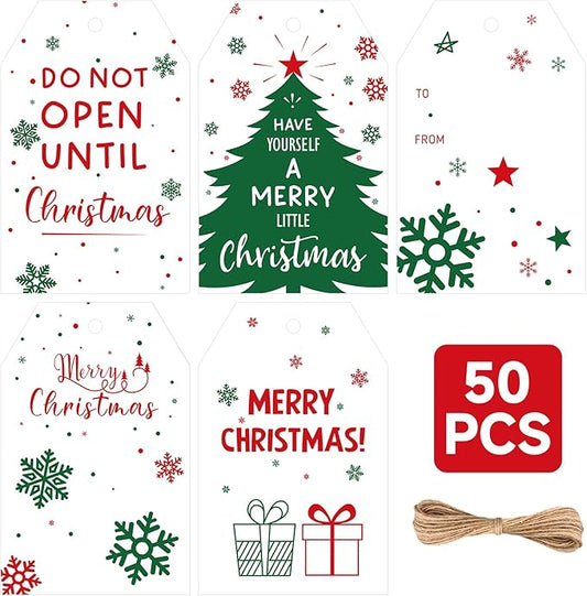 Anwyll Christmas Gift Tags with String - 50Pcs White Merry Christmas Name Tags for Gift Xmas to from Tag Have A Merry Little Christmas Tree Label Tag for Present Wrap Goodie Bags Holiday Party Favors