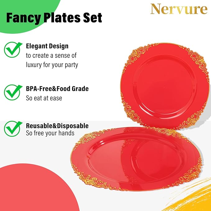 Nervure 100PCS Red and Gold Plastic Plates - 10.25inch Red Disposable Plates - Heavyweight Dinner Plate for Wedding & Party