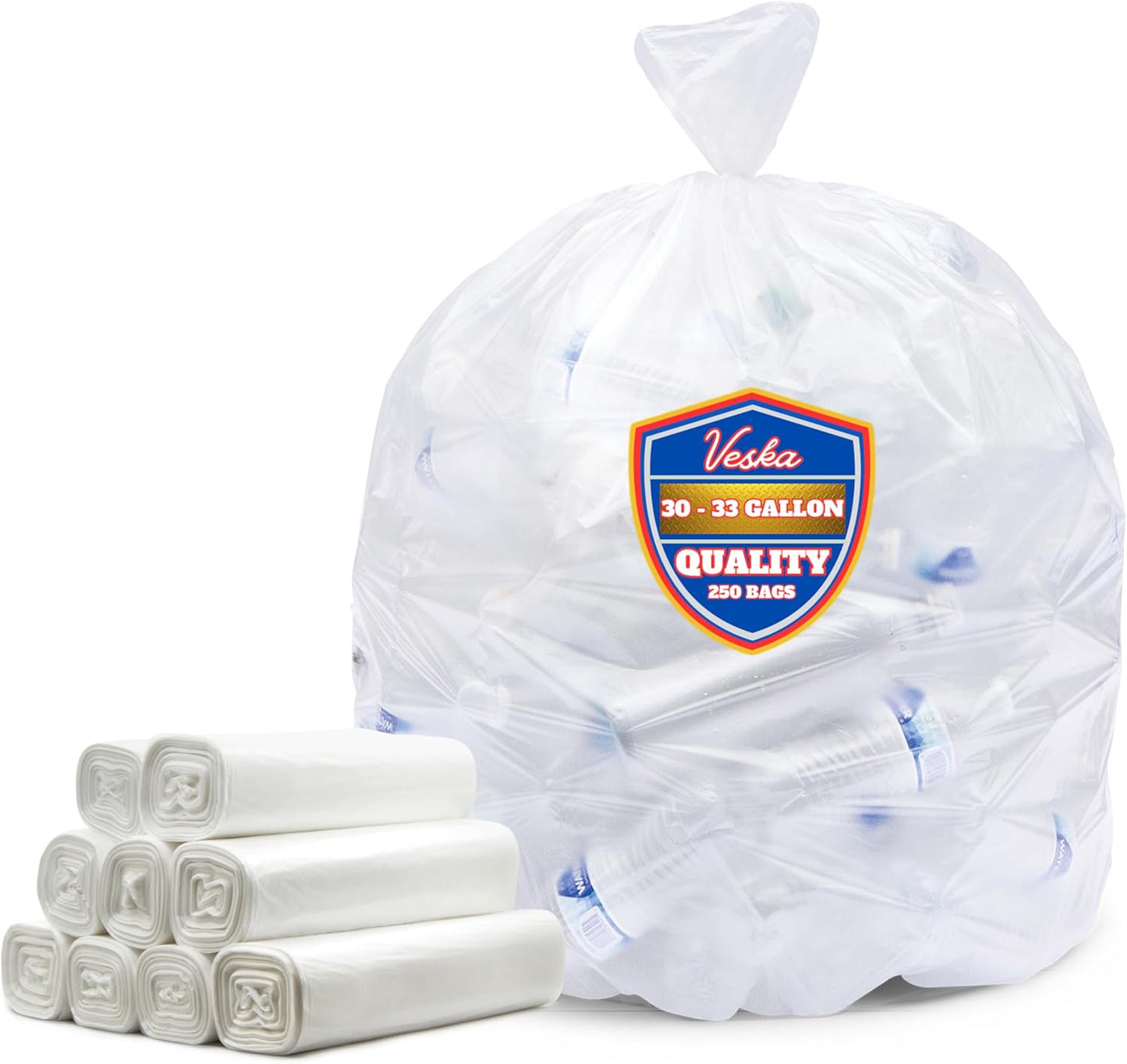 Veska 30-33 Gallon Clear Trash Bags Heavy Duty (Value Pack 250 Bags) Large Clear Plastic Recycling Garbage Bags. Large Trash Bags 30+, 32 Gallon
