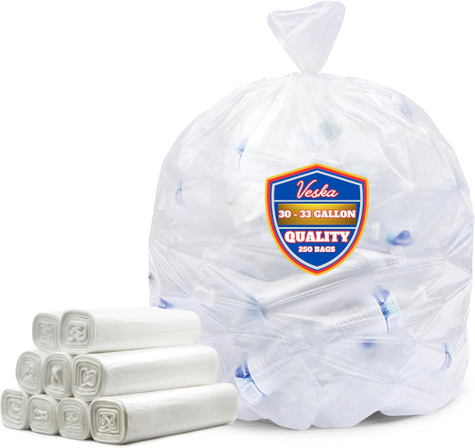 Veska 30-33 Gallon Clear Trash Bags Heavy Duty (Value Pack 250 Bags) Large Clear Plastic Recycling Garbage Bags. Large Trash Bags 30+, 32 Gallon