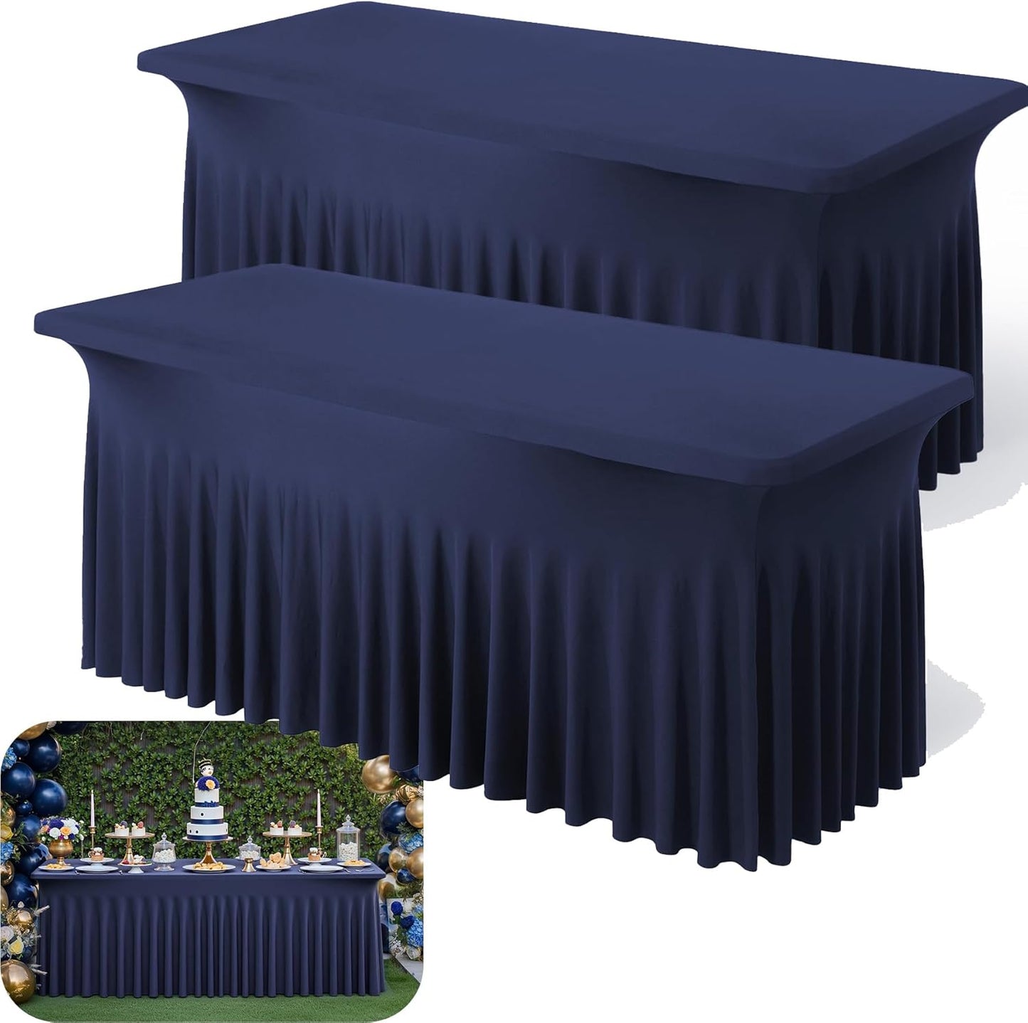 2pk Navy Blue Spandex Tablecloths 6ft for Rectangle Tables, Wrinkle Free Classy Table Skirt Stretchy Fitted Table Cloths Covers 6 Foot for Weddings Birthday Party Events Banquette Baby Shower